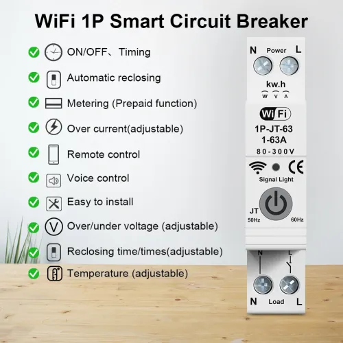 Smart WiFi Circuit Breaker Meter, Rated Voltage AC230 Protection Against Overload Lightnin Overcurrent Self-Recovery Supports Tuya App & Smart Life and Voice Control Easy Installation