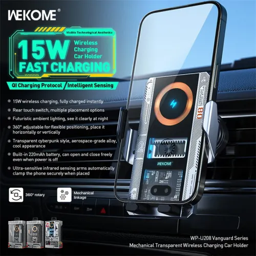 WEKOME WP-U208 15W Car Transparent Magnetic Wireless Charging Stand 360 Adjustable Automatic Opening and Closing Induction Magnetic Car Air Vent Phone Stand for Smart Phone for iPhone 16 Pro Max 15 14 13 for Xiaomi 15pro for Huawei Mate XT