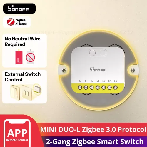 SONOFF MINI DUO-L 2-Gang Zigbe Smart Switch MINI-ZB2GS-L No Neutral Required Detach Delay Two-way Control Compatible with Multiple Zigbe Hub