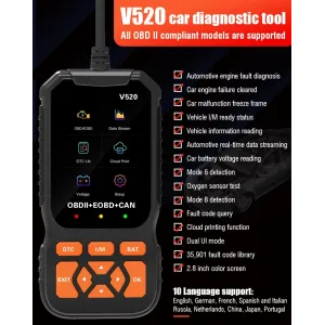V520 2.8 Inches Screen Professional Car Diagnostic Scanner Full OBD2 Car Scanner Diagnostic Scan Tool Automotive Engine Fault Diagnosis