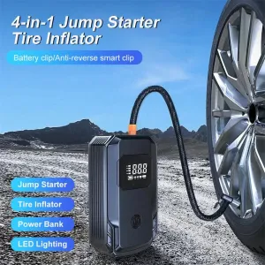 Car Jump Starter with Air Compressor Portable Booster Charger 1200A Powerful Battery Starting Device with Flashlight Tire Inflator
