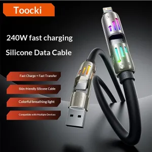 Toocki TQ-X103 PD240W USB-A/USB-C to USB-C/iP Cable with RGB Light PD3.1 Fast Charging Data Transmission Thickened Copper Core Line 2M Long for iPhone 17 17Pro 16 Pro Max 15 14 13 for Huawei Mate XTs for Xiaomi 17pro for SAMSUNG for OPPO