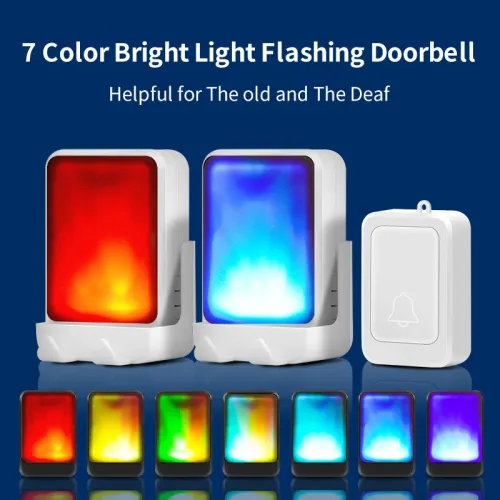 7 Colors Light Flash Changable Music Doorbell Volume Adjustable Built-in 28 Music Wire-free Wireless Door Chime Flash Bell Reminder for Deaf Old People Service Pager