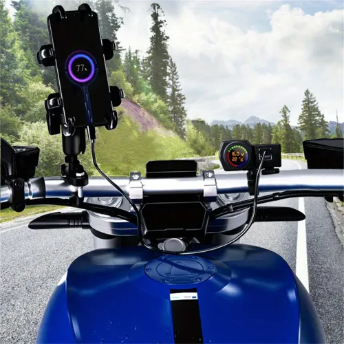 Motorcycle Charger Dual USB 5V 3A Fast Charging Digital Voltage Temperature Display Overcharge Protection Rearview Mirror Mount Adapter for iPhone Huawei GPS Devices