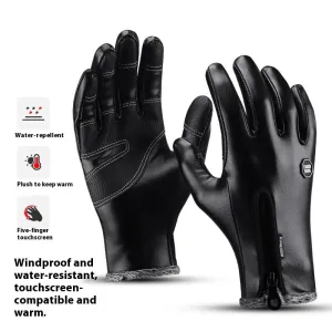 XANEWinter Warm Touch Screen Windproof Waterproof Cycling Gloves for Men Women PLeather Fleece-Linedfull-finger Gloves for Outdoor Cold Weather Activities