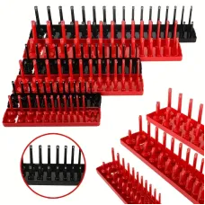 Multifunctional 3-PCS Plastic Socket Organizer Tray Set 1/4-Inch 3/8-Inch 1/2-Inch Metric/Imperial PVC Storage Holder for Home Garage Red/Black