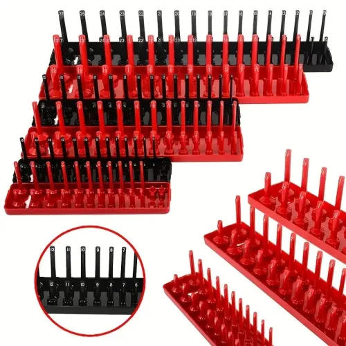 Multifunctional 3-PCS Plastic Socket Organizer Tray Set 1/4-Inch 3/8-Inch 1/2-Inch Metric/Imperial PVC Storage Holder for Home Garage Red/Black
