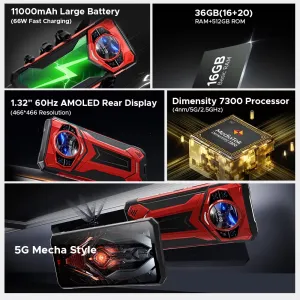 DOOGEE S200 Plus 5G 1.32 inch AMOLED Rear Display 36GB 512GB 100MP Triple Camera Night Vision Dimensity 7300 6.72 inch 120Hz 11000mAh 66W Fast Charge Android 15 NFC IP68 IP69K Waterproof Rugged Smartphone