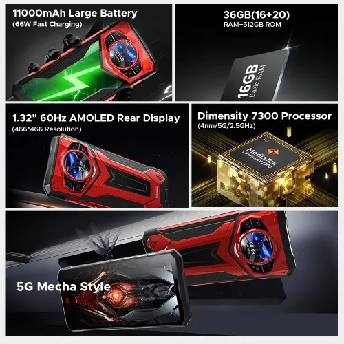 DOOGEE S200 Plus 5G 1.32 inch AMOLED Rear Display 36GB 512GB 100MP Triple Camera Night Vision Dimensity 7300 6.72 inch 120Hz 11000mAh 66W Fast Charge Android 15 NFC IP68 IP69K Waterproof Rugged Smartphone