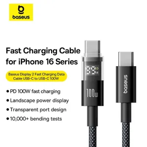 Baseus Display 2 PD100W Type-C to Type-C LED Display Cable Fast Charging Data Transmission Tin-plated Copper Core Line 1M/2M Long for iPhone 16 16 Pro 15 Pro Max for Huawei Mate XT for Xiaomi 15pro for Samsung Galaxy Z Flip6