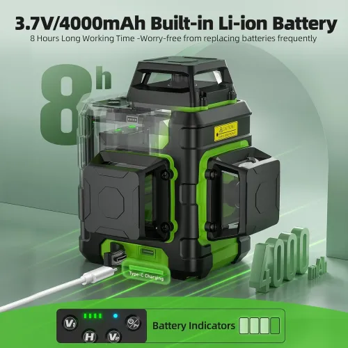Huepar HM03CG Laser Level 3x360 Self Leveling Rechargeable Green Laser Cross Line 3D 12 lines Level Tool Magnetic Mount IP54