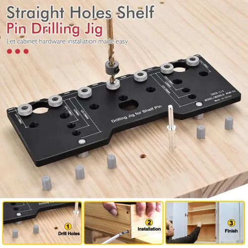 Adjustable Aluminum Alloy Cabinet Hardware Jig Shelf Pin Jig with 2 PCS 1/4 Inch Drill Bits Woodworking Pocket Hole Punch Locator Drill Guide