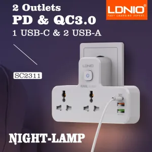 LDNIO SC2311 Power Socket Universal 2 Outlets 20W PD QC3.0 3USB Wall Charger Power Strip Adapter Multiple Plug Expander