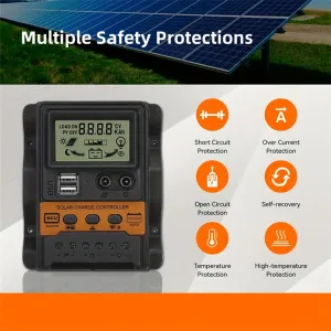 Solar Charge Controller 12V/24V Auto 100A PWM Photovoltaic Regulator Dual USB Output LCD Display Lead-Acid Lithium Batteries