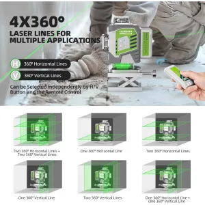 Huepar ZK04CG 4D 16 Lines Green Laser Level 4x360 Pulse Mode Self-Leveling 2mm/10m Accuracy Rechargeable 8000mAh Battery IP54 Type-C Remote Control Easy Alignment Construction Tool