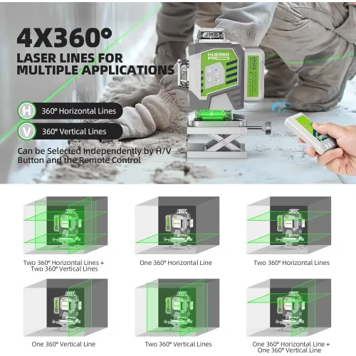 Huepar ZK04CG 4D 16 Lines Green Laser Level 4x360 Pulse Mode Self-Leveling 2mm/10m Accuracy Rechargeable 8000mAh Battery IP54 Type-C Remote Control Easy Alignment Construction Tool