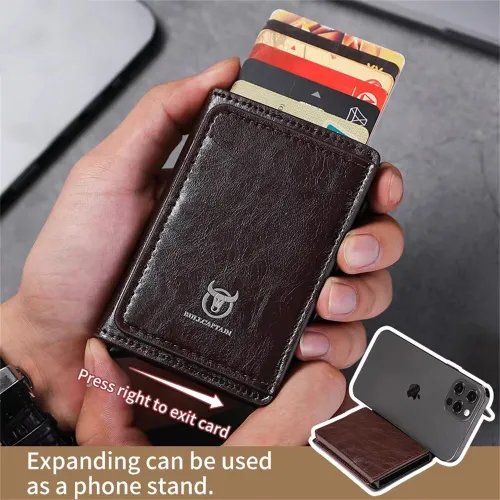 BULLCAPTAIN Men's Mobile Phone Holder Card Holder RFID Blocking Leather Wallet Aluminium Box Credit Card Holder Money Clip Slim Design Secure Protected