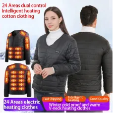 TENGOO 24 Areas Dual Switch Control Heated Jacket for Men Women USB Charging V-neck Winter Electric Heating Winter Jacket Cold-proof