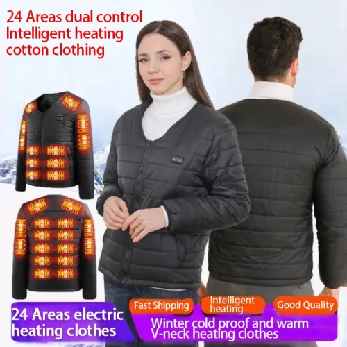 TENGOO 24 Areas Dual Switch Control Heated Jacket for Men Women USB Charging V-neck Winter Electric Heating Winter Jacket Cold-proof