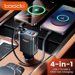 Toocki C42 105W 4-In-1 Digital Display Car Charger Adapter Come with 2 Type-C Integrated Cable+1USB-A+1USB-C PD Fast Charging with Blue LED Display for iPhone 16 16 Pro 15 Pro Max for HUAWEI for SAMSUNG