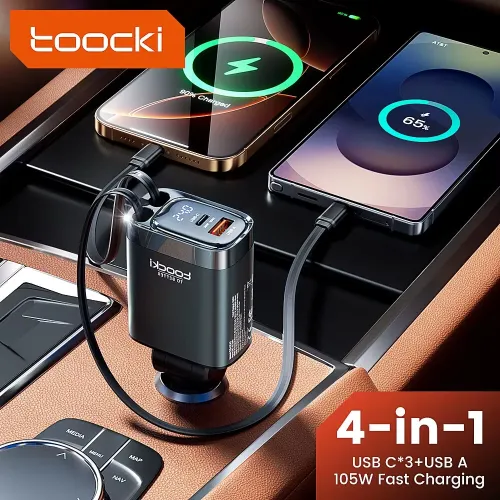 Toocki C42 105W 4-In-1 Digital Display Car Charger Adapter Come with 2 Type-C Integrated Cable+1USB-A+1USB-C PD Fast Charging with Blue LED Display for iPhone 16 16 Pro 15 Pro Max for HUAWEI for SAMSUNG