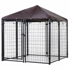 PawGiant Large Dog Kennel Outdoor Dog House with Roof 4ft x 4.2ft x 4.45ft Heavy Duty Metal for Large to Small Dog, Outside Dog Kennel Pet Crate Cage Playpen with UV-Proof Waterproof Cover