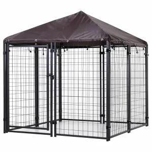 PawGiant Large Dog Kennel Outdoor Dog House with Roof 4ft x 4.2ft x 4.45ft Heavy Duty Metal for Large to Small Dog, Outside Dog Kennel Pet Crate Cage Playpen with UV-Proof Waterproof Cover