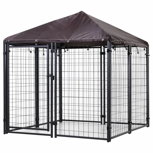 PawGiant Large Dog Kennel Outdoor Dog House with Roof 4ft x 4.2ft x 4.45ft Heavy Duty Metal for Large to Small Dog, Outside Dog Kennel Pet Crate Cage Playpen with UV-Proof Waterproof Cover