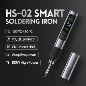 FNIRSI HS-02A Smart Soldering Iron with 6 Tips High-Power 100W Adaptable to Quick Charging PD/QC Protocol Wide Temperature Range 180-842F Featuring Adaptive Power Efficiency 0.96 IPS HD Color Screen