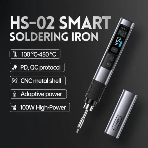 FNIRSI HS-02A Smart Soldering Iron with 6 Tips High-Power 100W Adaptable to Quick Charging PD/QC Protocol Wide Temperature Range 180-842F Featuring Adaptive Power Efficiency 0.96 IPS HD Color Screen