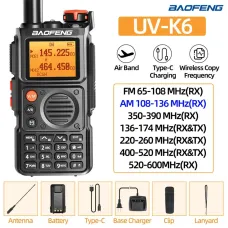 Baofeng UV-K6 Air Band Walkie Talkie Six Band 999 Channel with Earphone Wireless Copy Frequency Portable Ham Radio FM Transceiver DTMF Type-C Rechargerable NOAA Two Way Radio LED Flashlight