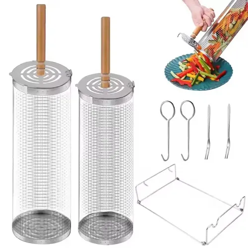 BBQ Grill Basket Round BBQ Cage Outdoor BBQ Smoking Cage Portable BBQ Net Rotating Drum Stainless Steel Grill Cage Round BBQ Basket with Handle Fish Roaster Outdoor Grill