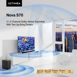 US/UK Direct Refurbished ULTIMEA Nova S70 3.1.2 Soundbar 390W True Dolby Atmos Soundbar BassMax 4K Dolby Vision HDR Passthrough 3EQ Modes Wired Speaker Subwoofer