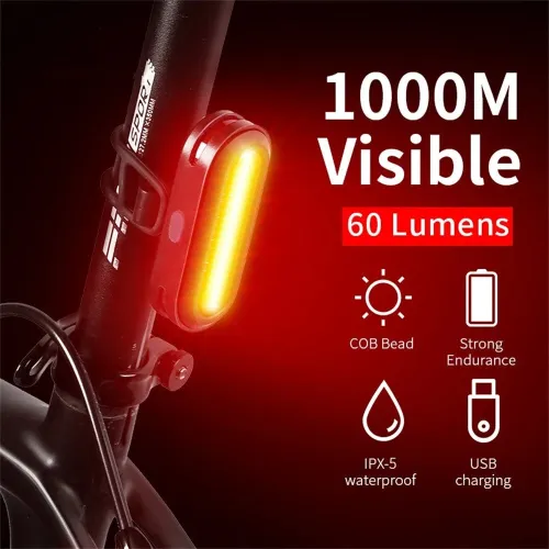 WESBIKING 60LM 1000m Visibility Bicycle Taillight USB Rechargeable 360 Rotation Adjustment 6 Mode Flash Warning Lamp Waterproof Bike Rear Light for MTB Outdoor Night Cycling Safety