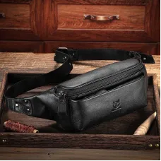 BULLCAPTAIN Men's Genuine Leather Fanny Bag Adjustable Strap Waist Bag Retro Crossbody Chest Bag