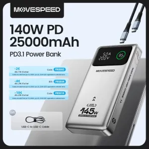 MOVESPEED M25Pro 145W 25000mAh Power Bank LED Display External Battery Power Supply with 1 Input & 3 Outputs Support PD3.1 Fast Charging for iPhone 16 16 Pro 15 14 13 Pro Max for Xiaomi 15pro for Samsung Galaxy S25 Ultra