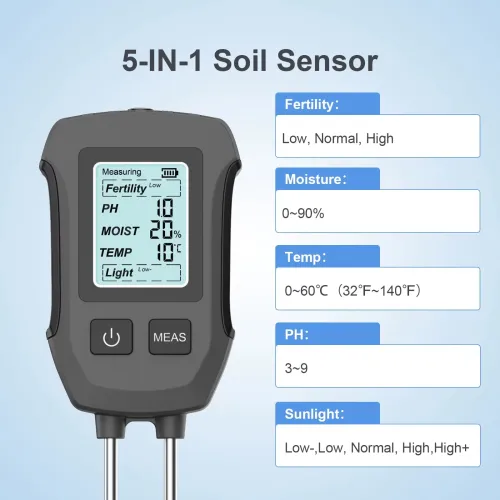 5 in 1 Soil Tester PH Moisture Temp Fertility Light Sensor Digital LCD Meter Humidity Monitor for Flower Plants Gardening Greenhouse