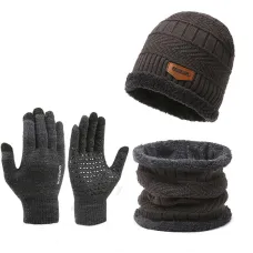 3pcs/set Women Men Winter Hat and Glove Sets Warm Knit Hat Snow Ski Skull Cap with Visor and Touch Screen Mittens Texting Gloves Set
