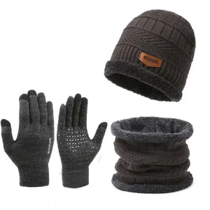 3pcs/set Women Men Winter Hat and Glove Sets Warm Knit Hat Snow Ski Skull Cap with Visor and Touch Screen Mittens Texting Gloves Set