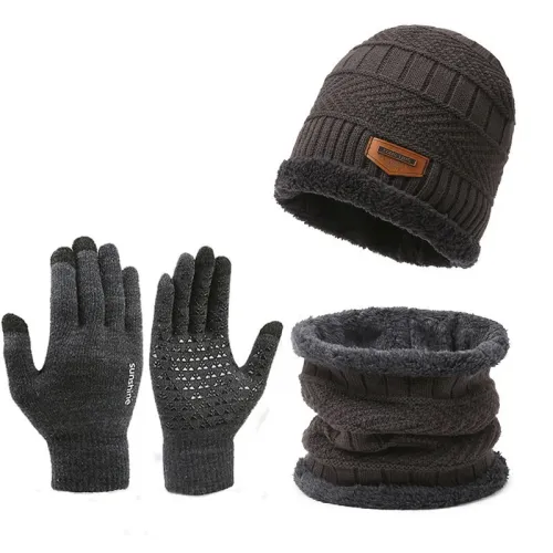 3pcs/set Women Men Winter Hat and Glove Sets Warm Knit Hat Snow Ski Skull Cap with Visor and Touch Screen Mittens Texting Gloves Set