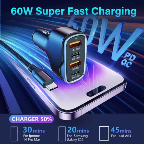 60W Car Charger Fast Charging Dual Pd 30W + Dual QC 3.0 18W Car Charger USB Car Charger for Android for iPhone
