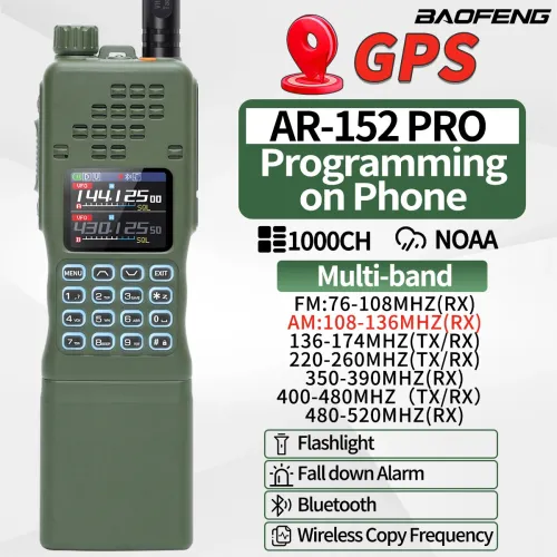BAOFENG AR-152 PRO GPS Walkie Talkie Long Range bluetooth Programming 10W Multi Band 12000mAh Tactial 1000CH Two Way Ham Radio with Flashlight