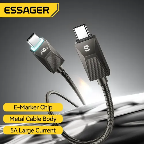 ESSAGER ES-X75 5A 240W Type-C to Type-C Cable PD3.1 Fast Charging Data Transmission Tin-plated Copper Core Line 1M/2M Long for iPhone 17 Pro 16 15 Pro Max for Xiaomi 17pro for Huawei for OPPO