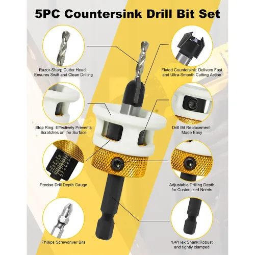 Carbide Tipped Countersink Drill Bits Set Low Friction Depth Stop 1/4" Hex Shank Replaceable HSS Pilot Drill Wood Plastic Woodworking