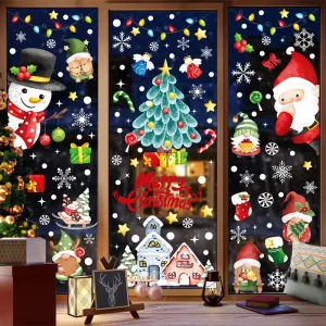 Christmas Static Window Stickers Festive Holiday Decoration Decals Hand-Painted Santa Claus Christmas Tree Stickers Christmas Holiday Decoration Stickers
