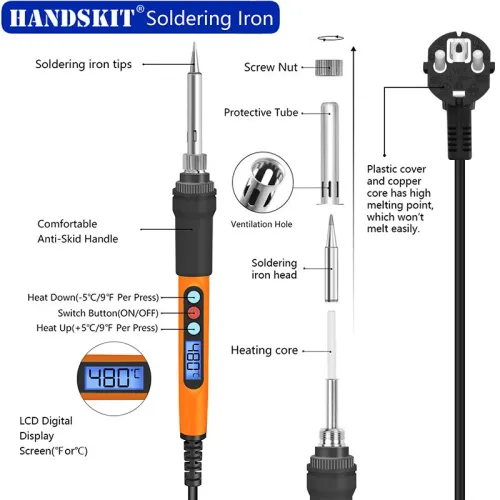 Handskit 90W Digital Display Soldering Iron Set Internal Heating Thermostat Adjustable Temperature Lcd Digital Display Soldering Iron With Switch With Hibernation Iron