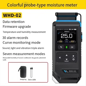 FNIRSI WHD02 Moisture Meter Color Screen Humidity Tester 7 Modes for Wood Cardboard Walls Temperature Humidity Detection Curve Monitoring Alarm Records