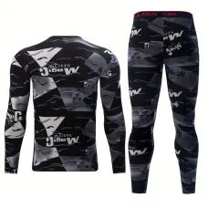 TENGOO Men's Thermal Set, Long Johns Set, 2 Pcs Letter Print Compression Thermal Base Layer Set, Moisture Wicking & Breathable Basic Long Sleeve & Leggings Men Warm Underwear Set, Men's thermal clothing For Outdoor Skiing Running
