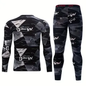TENGOO Men's Thermal Set, Long Johns Set, 2 Pcs Letter Print Compression Thermal Base Layer Set, Moisture Wicking & Breathable Basic Long Sleeve & Leggings Men Warm Underwear Set, Men's thermal clothing For Outdoor Skiing Running