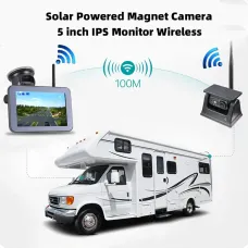 Wireless Solar Powered Backup Camera AHD 5 Inch Rear View Monitor Wide Angle Night Vision Long Range Transmission Waterproof